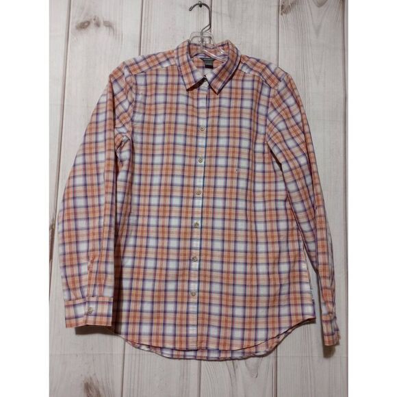 Eddie Bauer‎ Shirt Ladies Small Button Front Long Sleeve Blue Peach Plaid Hiking - Picture 1 of 8